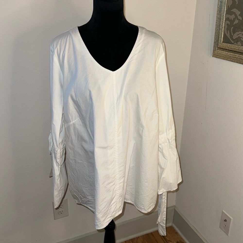 New Leaf embroidered Boho V neck White Long sleeves‎ ties Sz 1X